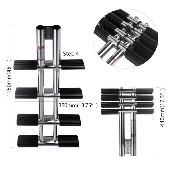 4 step telescopic dive ladder with measurements and multiple views